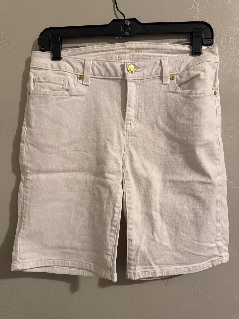 Michael Kors White Denim Bermuda Shorts with Gold Hardware